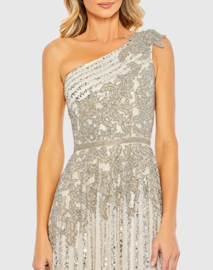 Women Silver Beaded Embellished One Shoulder A Line Gown Silver Nude Evening Gowns Mac Duggal