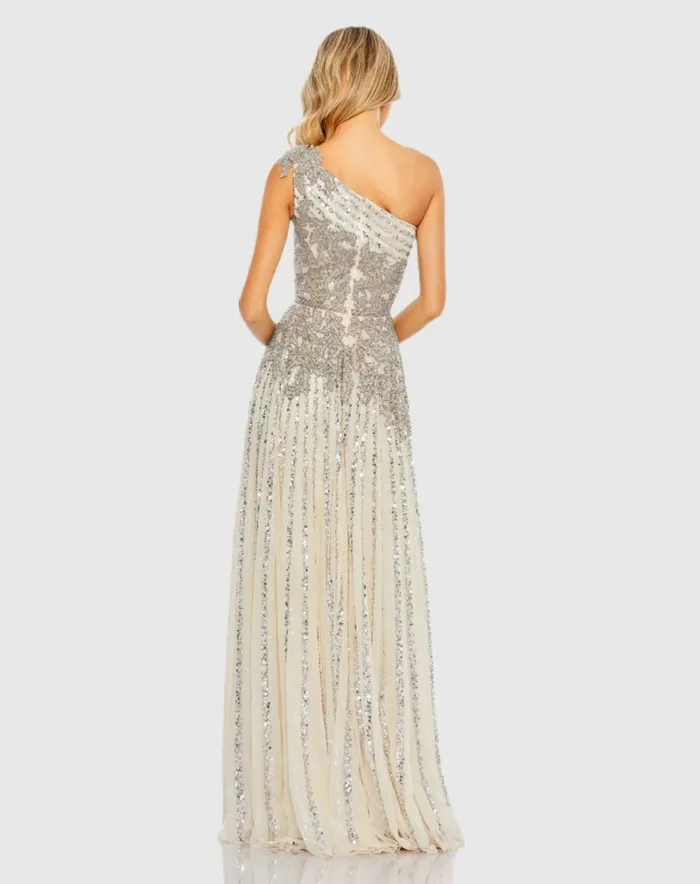 Women Silver Beaded Embellished One Shoulder A Line Gown Silver Nude Evening Gowns Mac Duggal