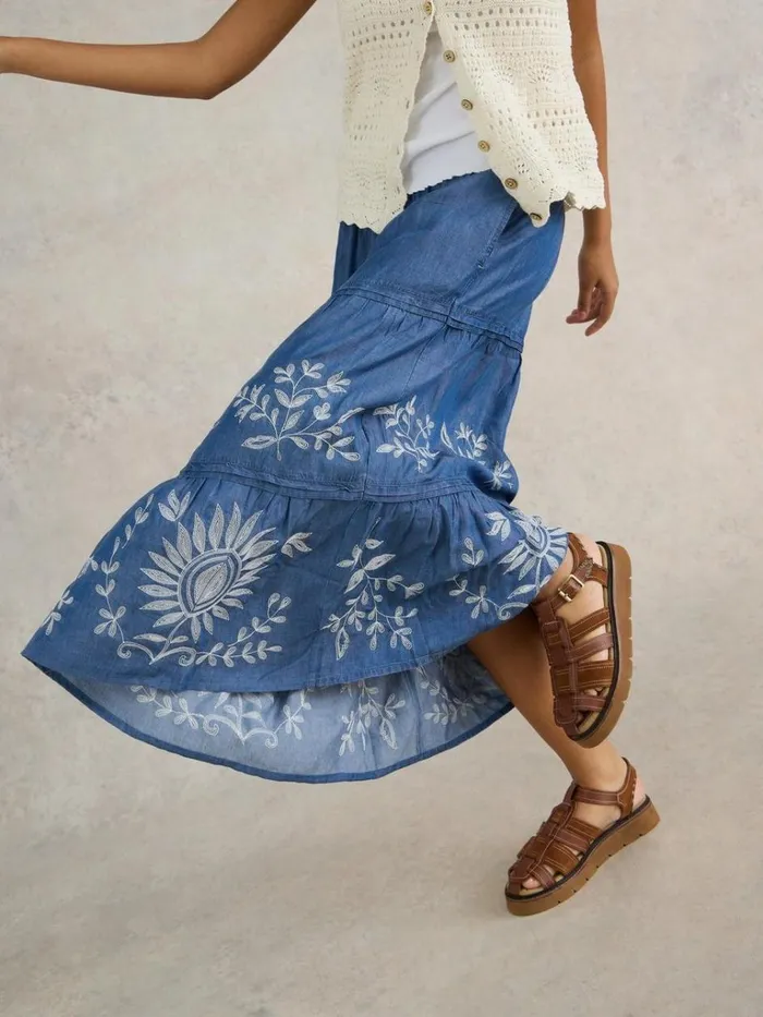 Women SKIRTS White Stuff Isla Embroidered Denim Skirt Light Denim Women SKIRTS White Stuff Isla Embroidered Denim Skirt Light Denim