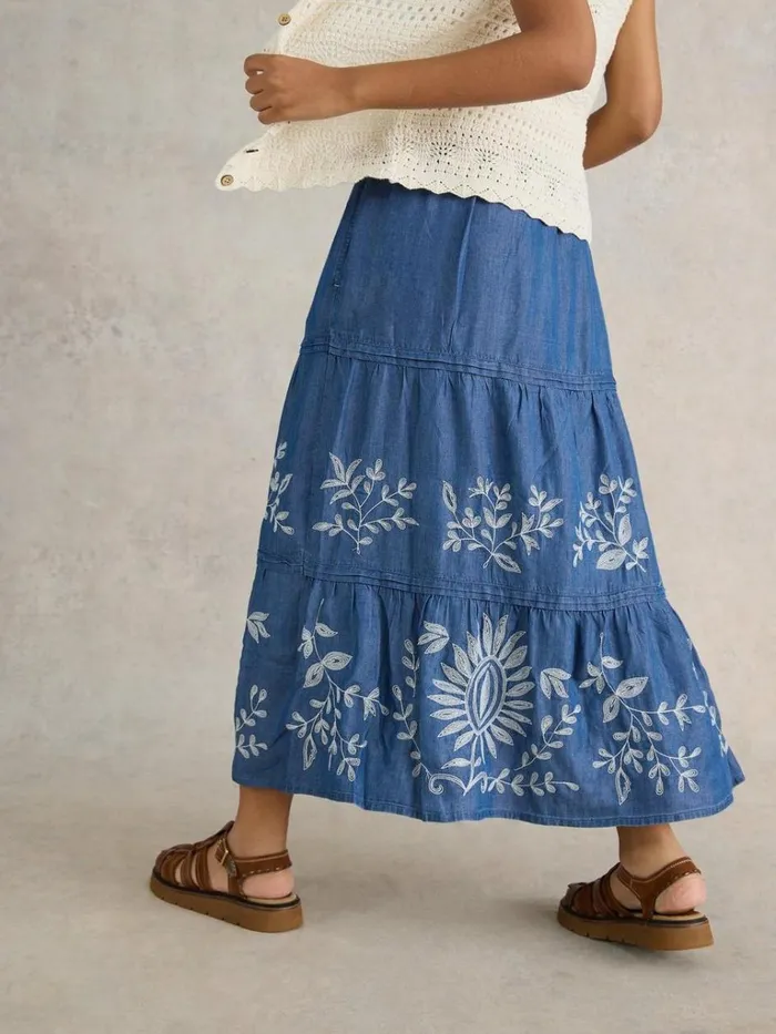 Women SKIRTS White Stuff Isla Embroidered Denim Skirt Light Denim Women SKIRTS White Stuff Isla Embroidered Denim Skirt Light Denim