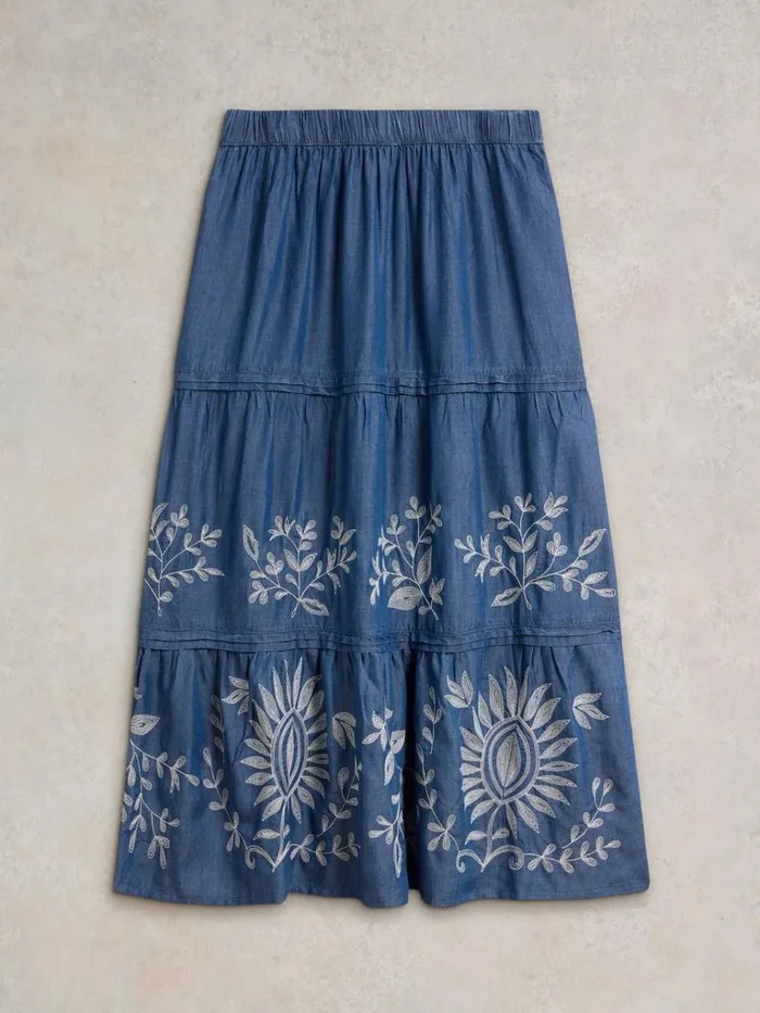Women SKIRTS White Stuff Isla Embroidered Denim Skirt Light Denim Women SKIRTS White Stuff Isla Embroidered Denim Skirt Light Denim