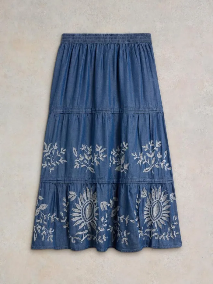 Women SKIRTS White Stuff Isla Embroidered Denim Skirt Light Denim Women SKIRTS White Stuff Isla Embroidered Denim Skirt Light Denim