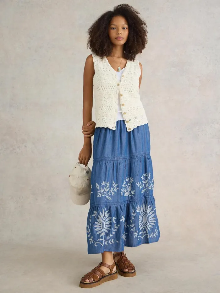 Women SKIRTS White Stuff Isla Embroidered Denim Skirt Light Denim Women SKIRTS White Stuff Isla Embroidered Denim Skirt Light Denim