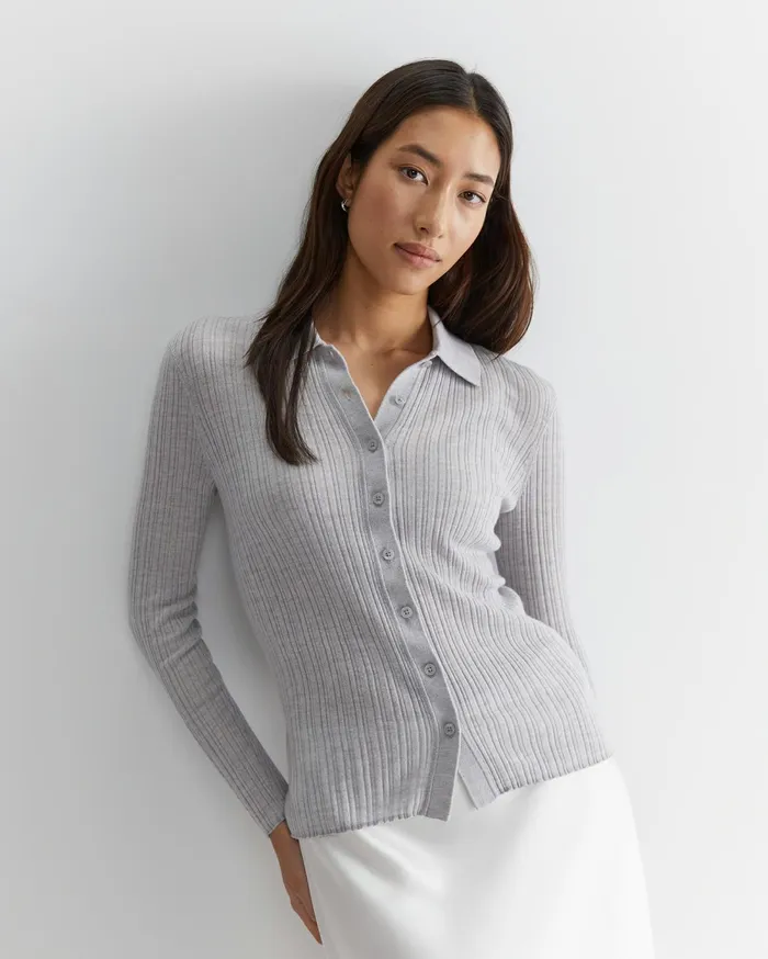 Women Sportscraft Shirts Wool Silk Knit Shirt Grey Marle