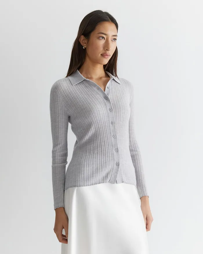 Women Sportscraft Shirts Wool Silk Knit Shirt Grey Marle