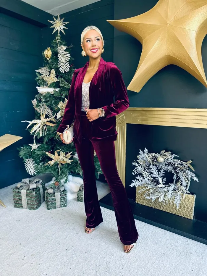 Women Suits and Blazers Canella Lane Dawson Velvet Detailed Suit Burgundy