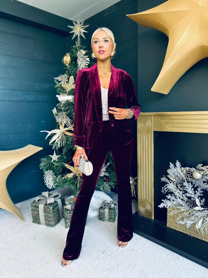 Women Suits and Blazers Canella Lane Dawson Velvet Detailed Suit Burgundy