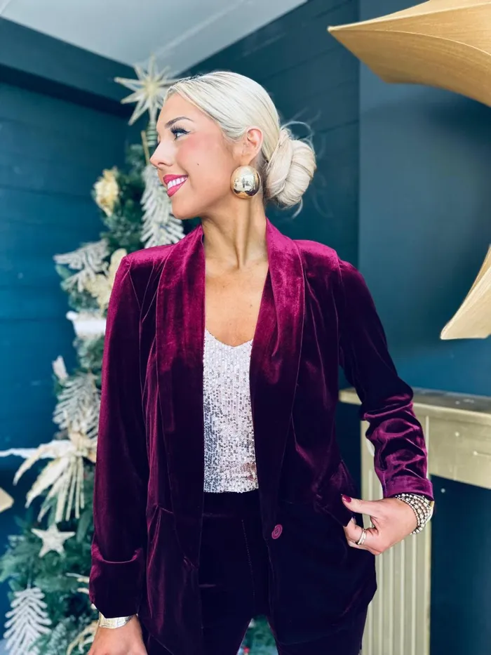 Women Suits and Blazers Canella Lane Dawson Velvet Detailed Suit Burgundy