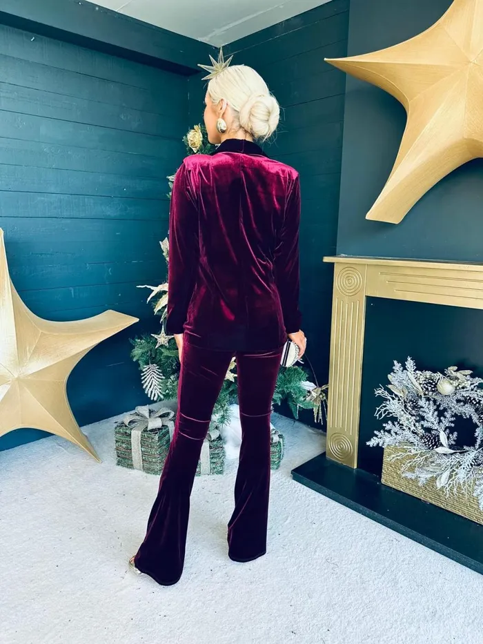 Women Suits and Blazers Canella Lane Dawson Velvet Detailed Suit Burgundy