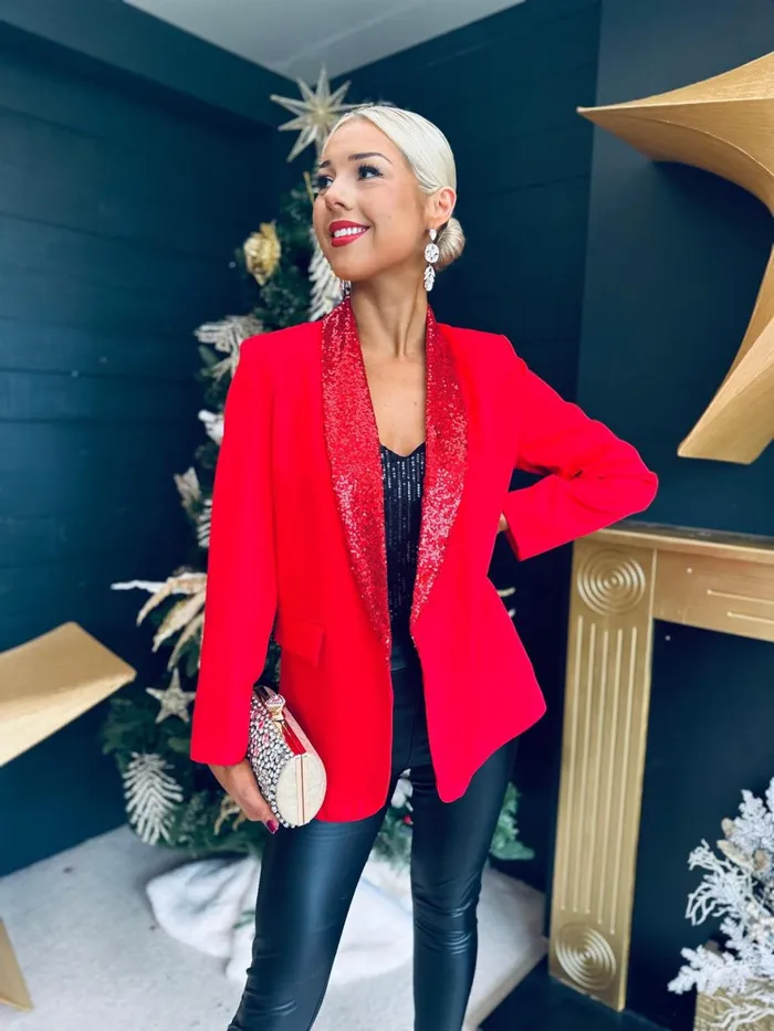 Women Suits and Blazers Canella Lane Valerie Sequin Detail Blazer Red