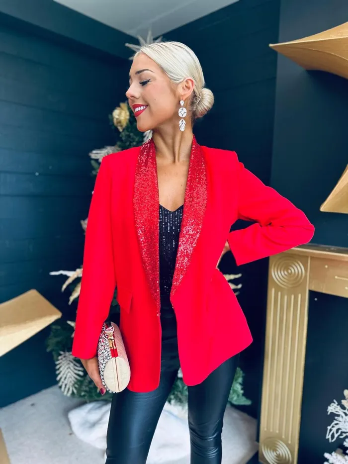 Women Suits and Blazers Canella Lane Valerie Sequin Detail Blazer Red