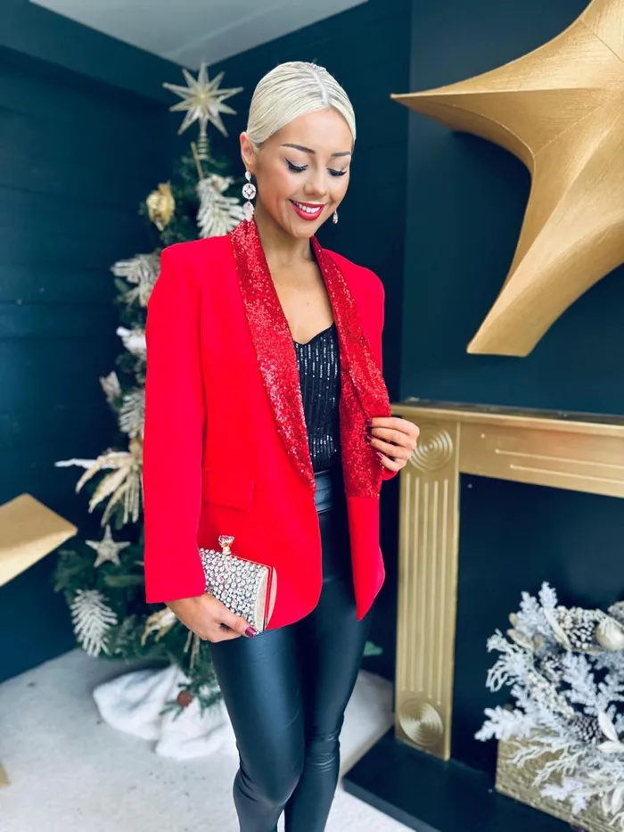 Women Suits and Blazers Canella Lane Valerie Sequin Detail Blazer Red