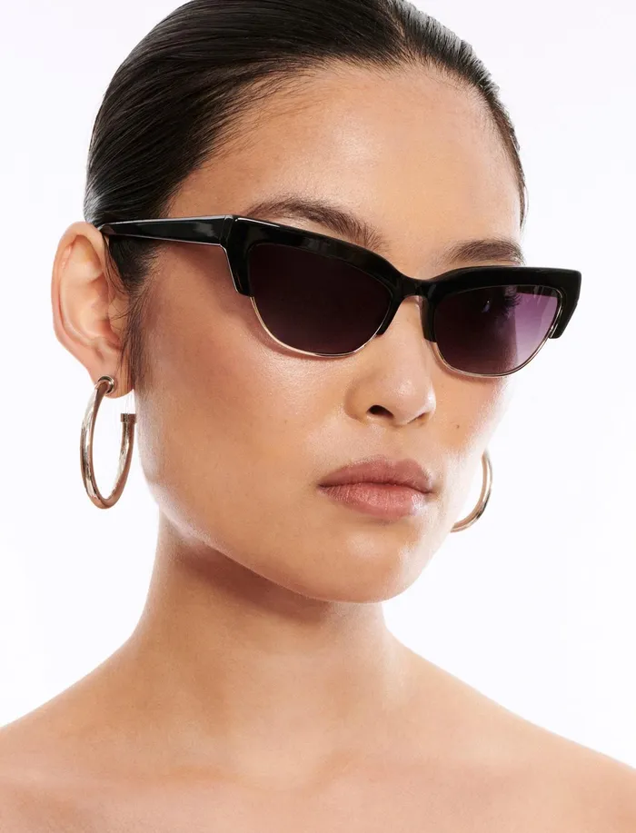 Women Sunglasses BCBG Black Retro Kitten Sunglasses Shiny Black Shiny Gold