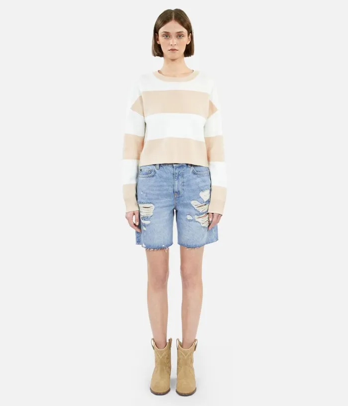 Women Sweaters THE KOOPLES Beige And White Striped Long Sleeve Cotton Sweater Women Sweaters THE KOOPLES Beige And White Striped Long Sleeve Cotton Sweater