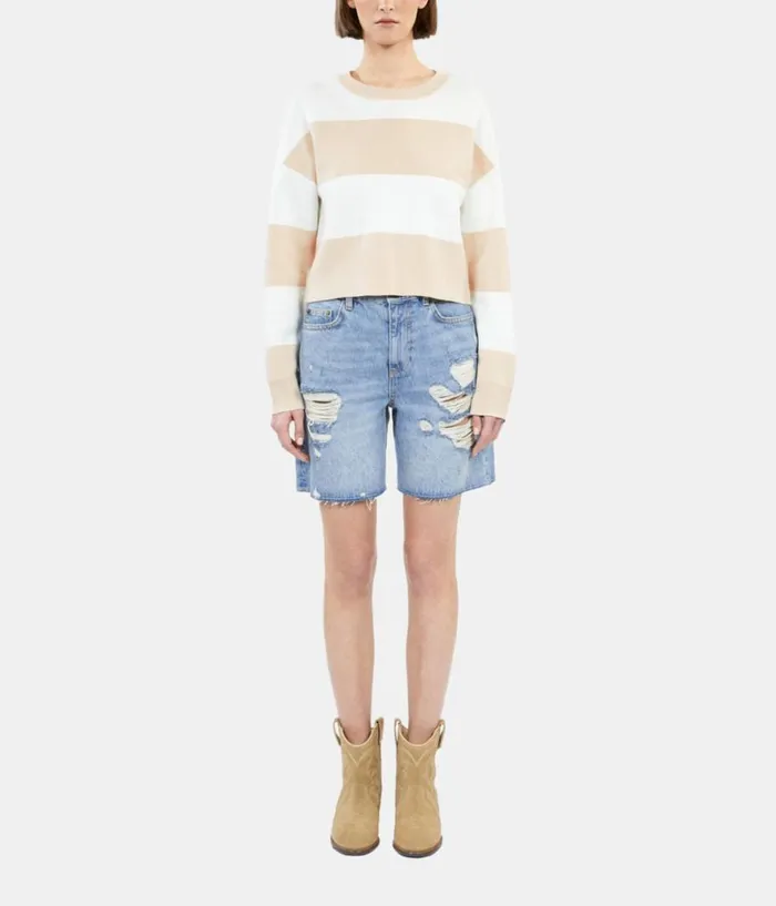 Women Sweaters THE KOOPLES Beige And White Striped Long Sleeve Cotton Sweater Women Sweaters THE KOOPLES Beige And White Striped Long Sleeve Cotton Sweater