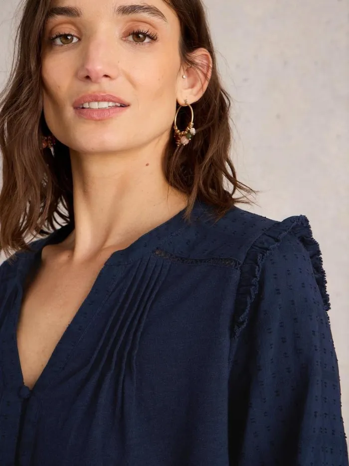 Women TOPS and TEES White Stuff BLOSSOM BUTTON NECK BOHO TOP French Navy