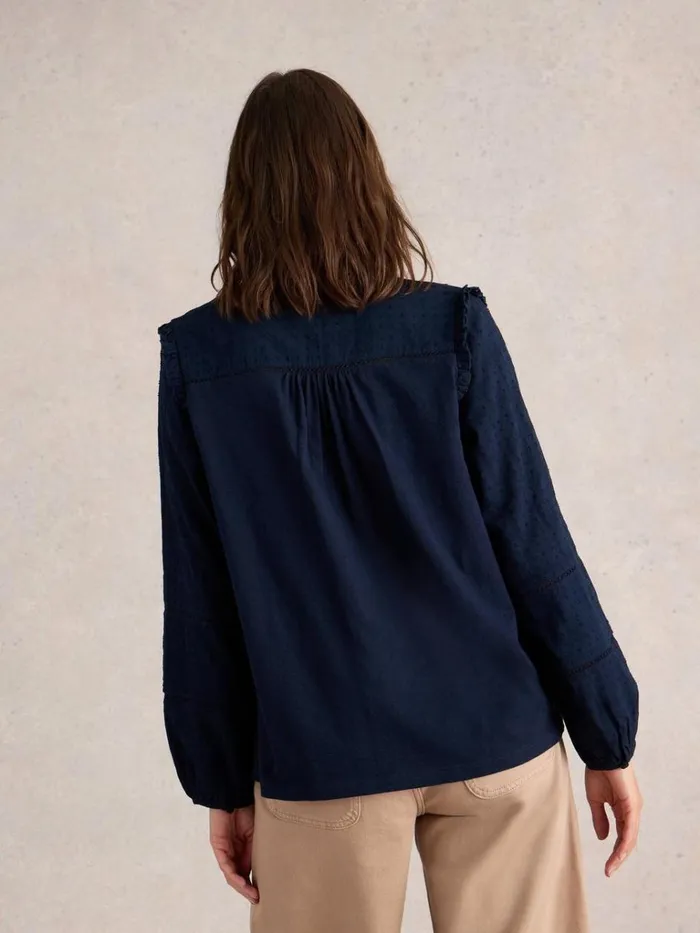 Women TOPS and TEES White Stuff BLOSSOM BUTTON NECK BOHO TOP French Navy