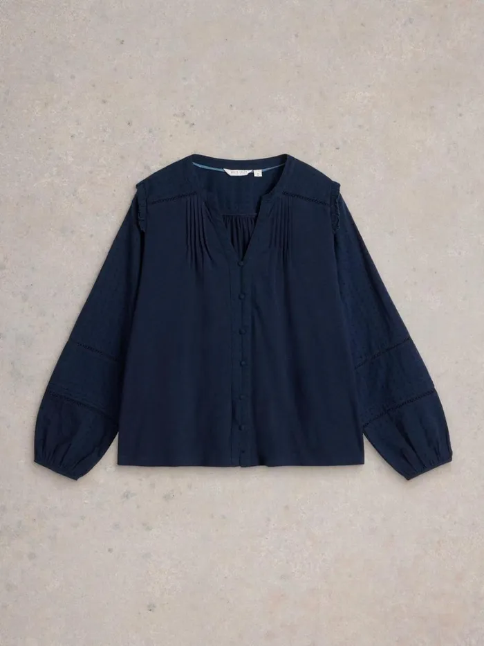 Women TOPS and TEES White Stuff BLOSSOM BUTTON NECK BOHO TOP French Navy