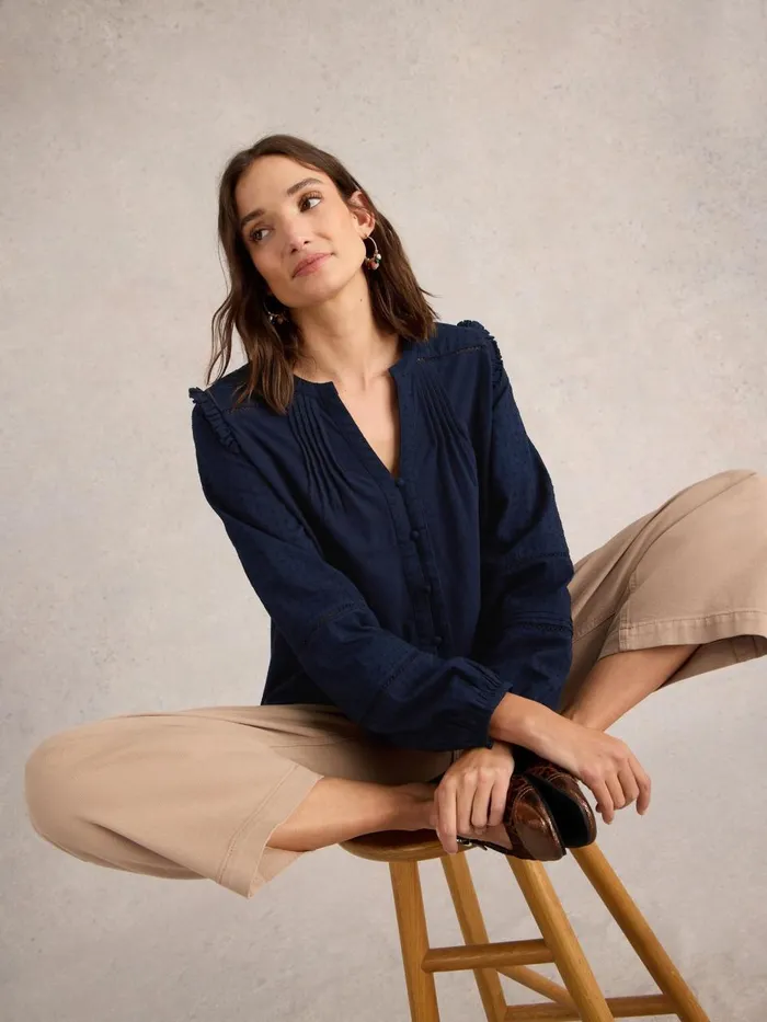 Women TOPS and TEES White Stuff BLOSSOM BUTTON NECK BOHO TOP French Navy