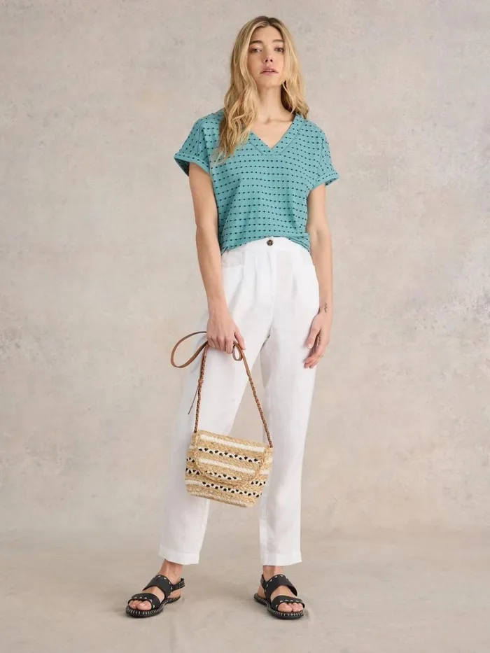 Women TOPS and TEES White Stuff EMBROIDERED STRIPE V NECK TEE Blue Multi
