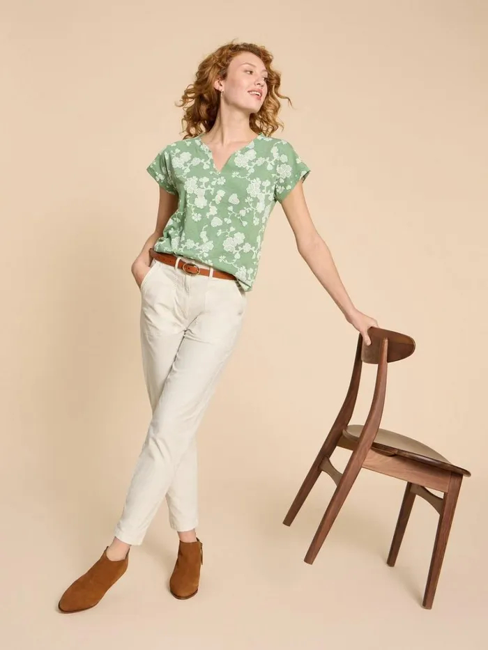 Women TOPS and TEES White Stuff NELLY NOTCH NECK COTTON TEE Green Print