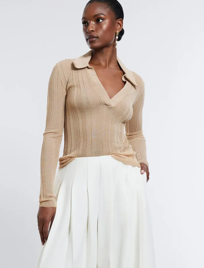 Women Tops BCBG Crochet Collar Top Neutral