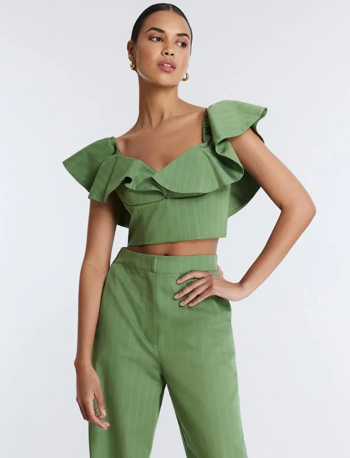 Women Tops BCBG OffShoulder Pinstripe Crop Top Green Stripe