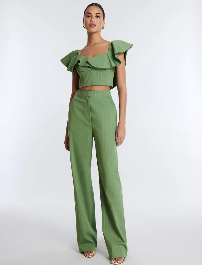 Women Tops BCBG OffShoulder Pinstripe Crop Top Green Stripe