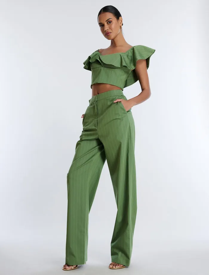 Women Tops BCBG OffShoulder Pinstripe Crop Top Green Stripe