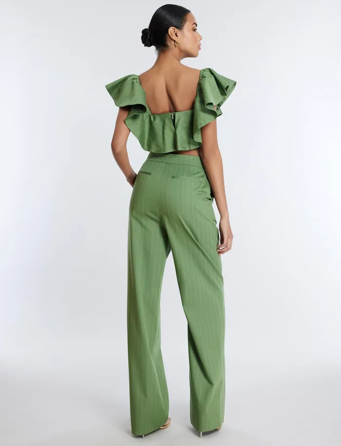 Women Tops BCBG OffShoulder Pinstripe Crop Top Green Stripe