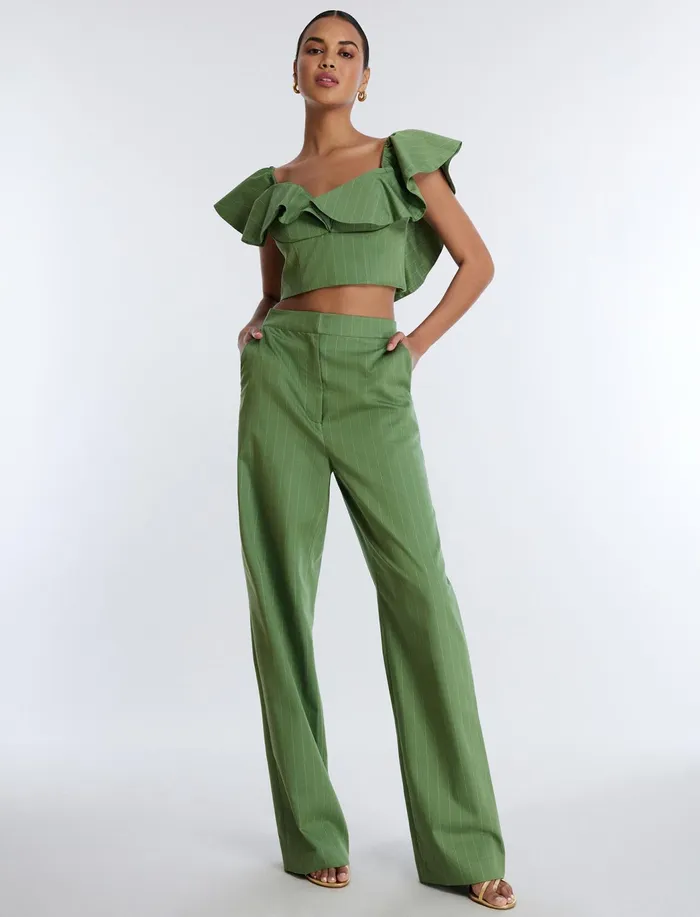 Women Tops BCBG OffShoulder Pinstripe Crop Top Green Stripe