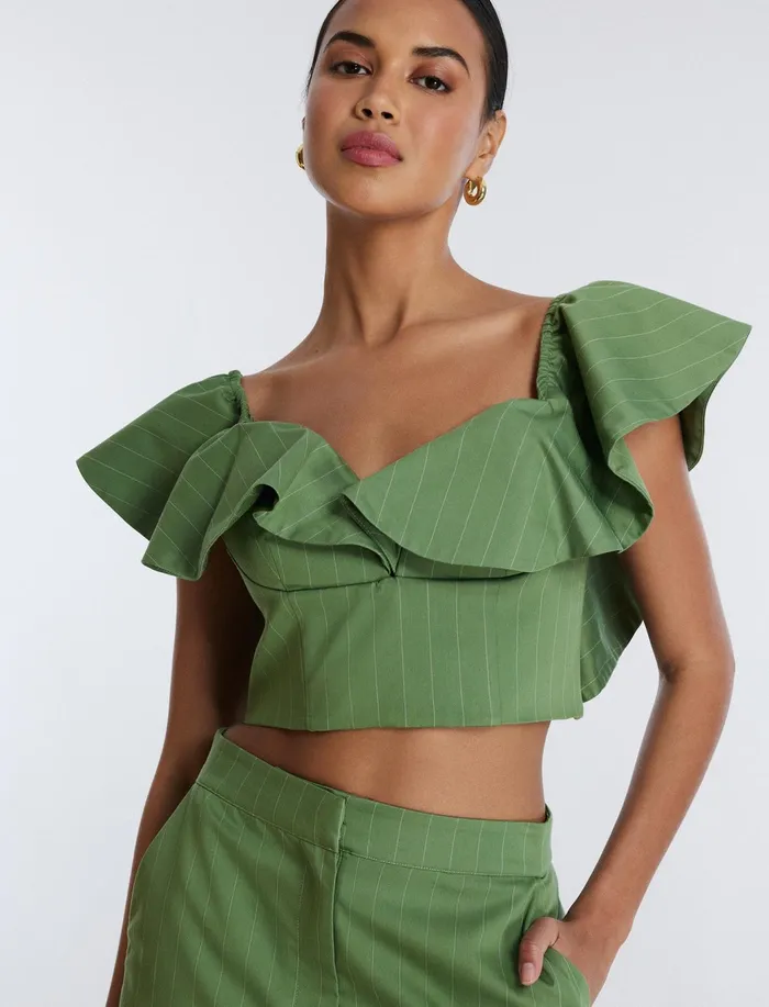 Women Tops BCBG OffShoulder Pinstripe Crop Top Green Stripe