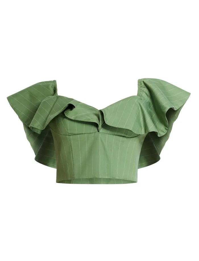 Women Tops BCBG OffShoulder Pinstripe Crop Top Green Stripe