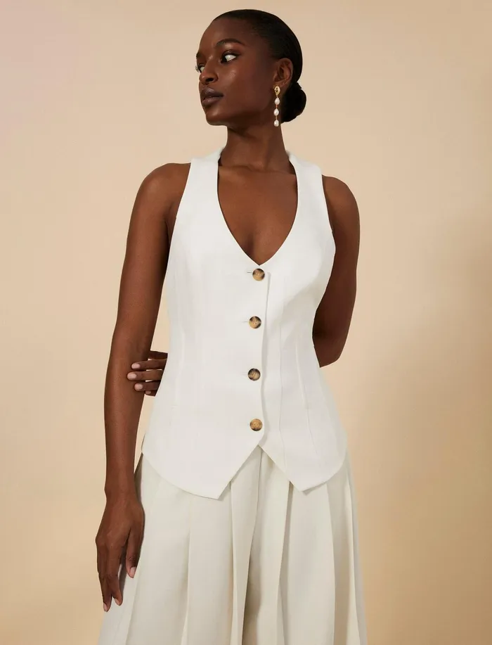 Women Tops BCBG TieBack Buttoned Vest Top Gardenia