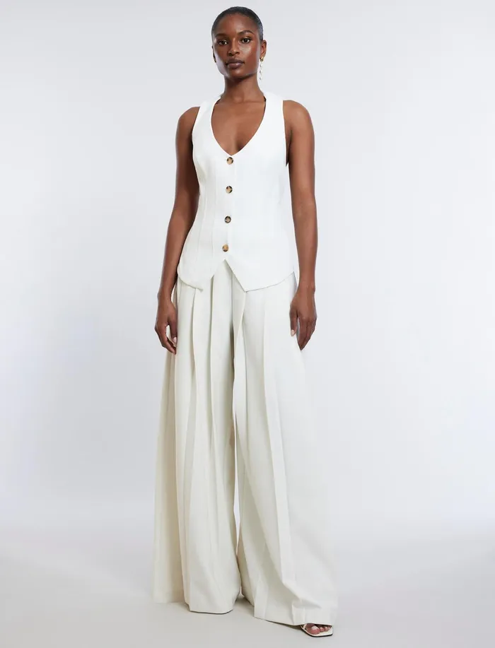 Women Tops BCBG TieBack Buttoned Vest Top Gardenia