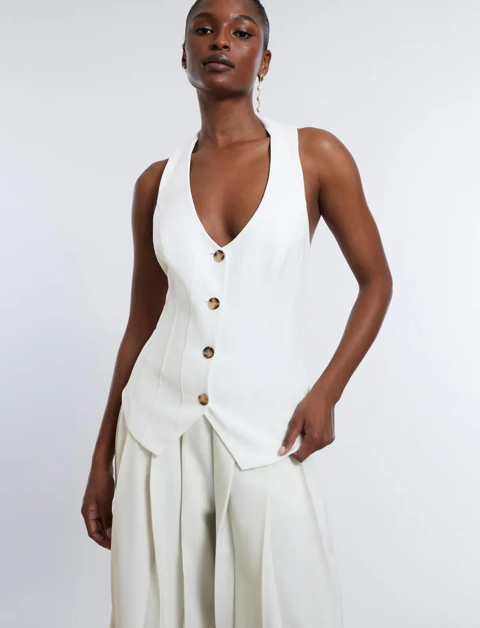 Women Tops BCBG TieBack Buttoned Vest Top Gardenia