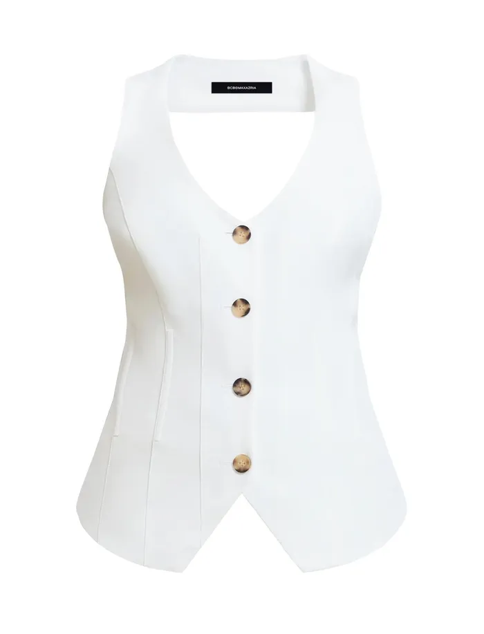 Women Tops BCBG TieBack Buttoned Vest Top Gardenia