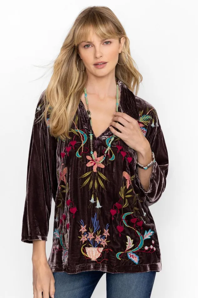 Women Tops Johnny Was VELVET POPOVER SHIRT Coffee Bean