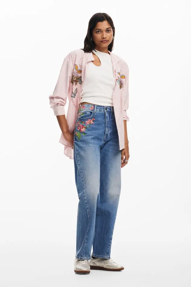 Women Trousers Desigual Long Denim Pants With Flowers
