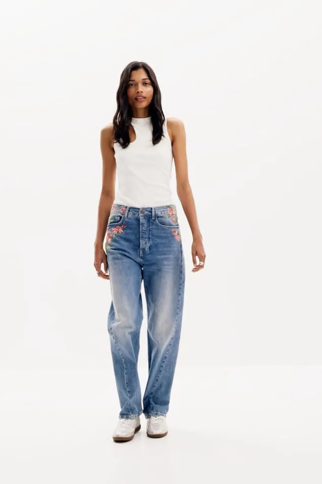 Women Trousers Desigual Long Denim Pants With Flowers