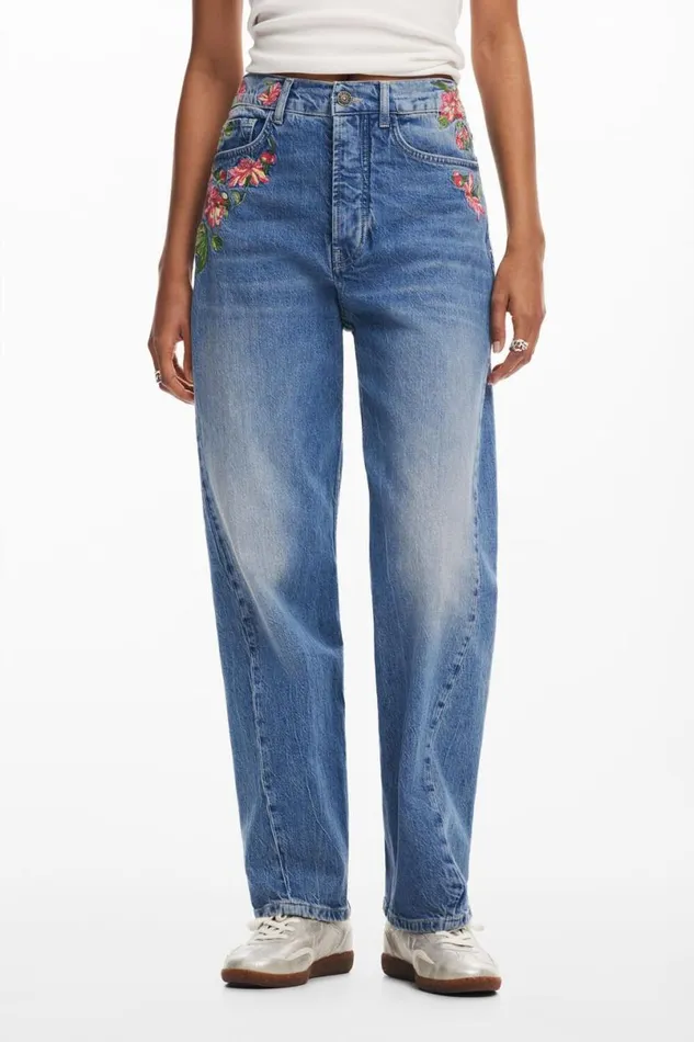 Women Trousers Desigual Long Denim Pants With Flowers