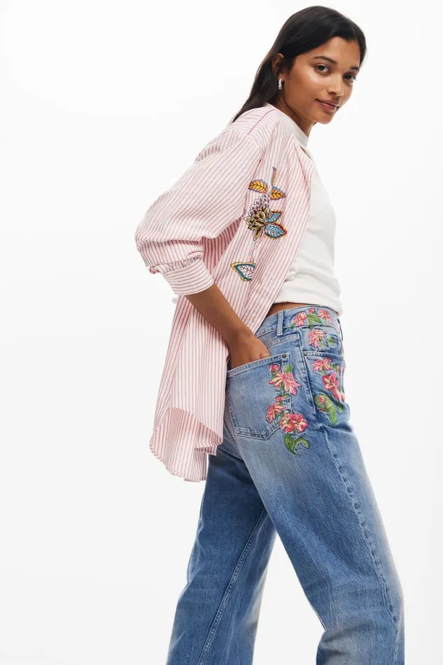 Women Trousers Desigual Long Denim Pants With Flowers