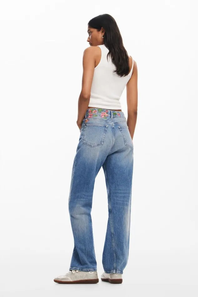 Women Trousers Desigual Long Denim Pants With Flowers