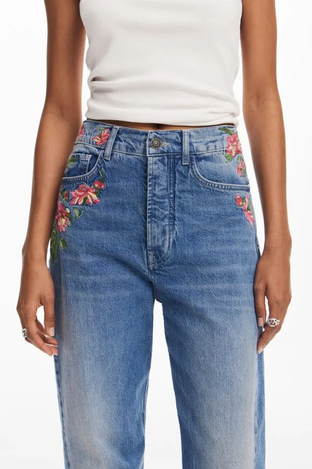 Women Trousers Desigual Long Denim Pants With Flowers