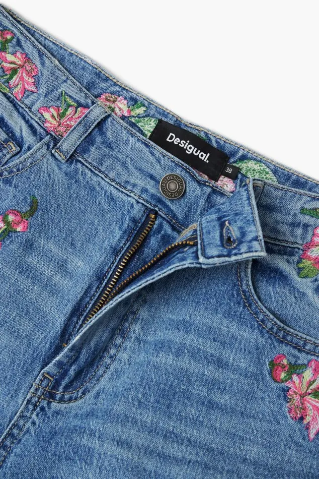 Women Trousers Desigual Long Denim Pants With Flowers