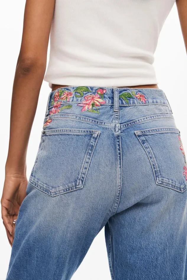 Women Trousers Desigual Long Denim Pants With Flowers