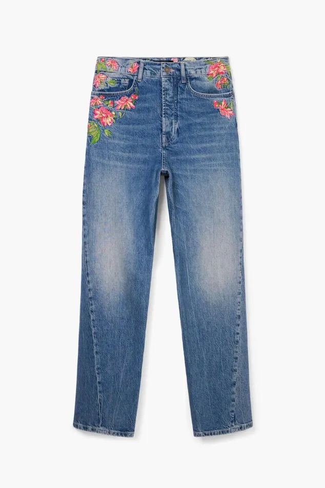 Women Trousers Desigual Long Denim Pants With Flowers