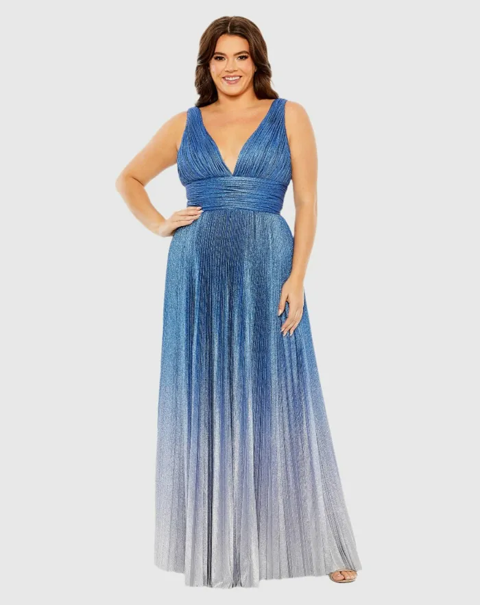 Women VNeck Ombre Pleated Gown Sapphire Ombre Plus Size Dresses Mac Duggal