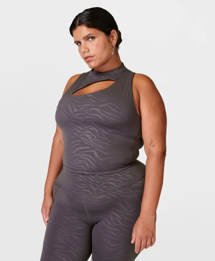 Women Vest Tops Sweaty Betty Power Cutout Gym Vest Urban Grey Tiger Emboss Print