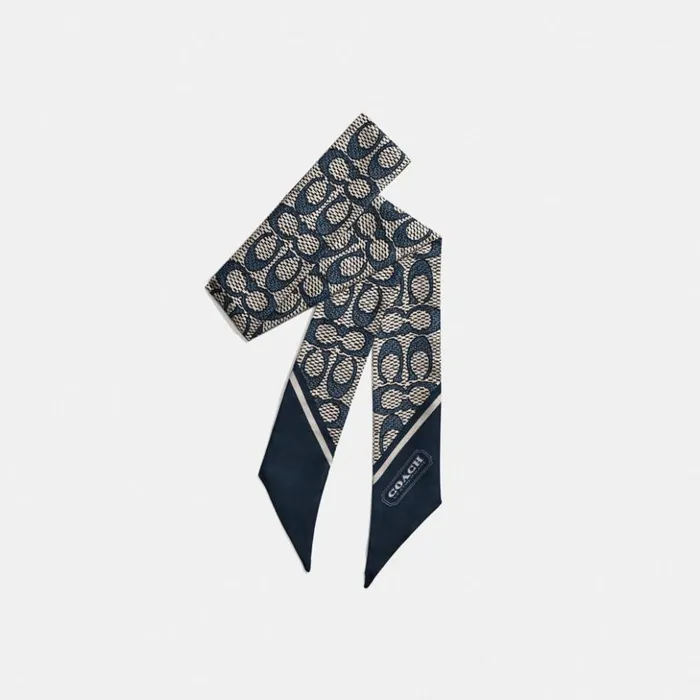 Women Vintage Signature Print Silk Skinny Scarf Midnight Navy Coach Hats Scarves and Gloves